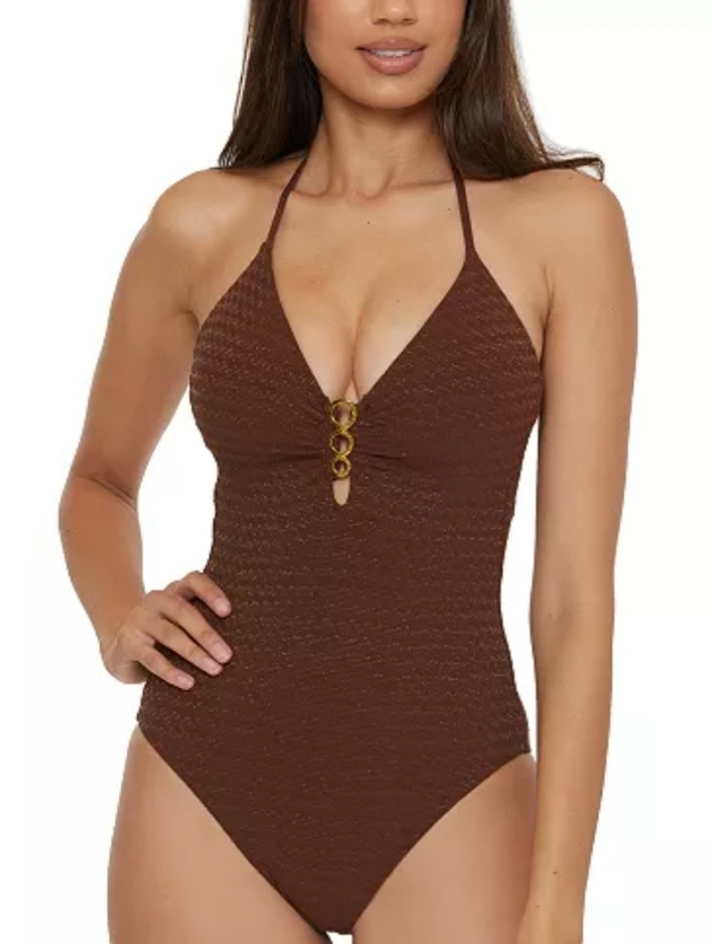 Trina Turk Glimmer Buckle Front One Piece Swimsuit New Metallic